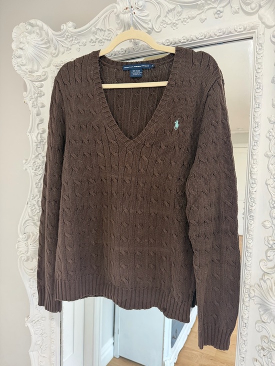 Ralph Lauren Sweaters - Ralph Lauren Brown Cable Knit V-Neck Logo Sweater Top